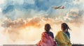 Two young girls sit wrapped in colorful shawls, observing an airplane Royalty Free Stock Photo